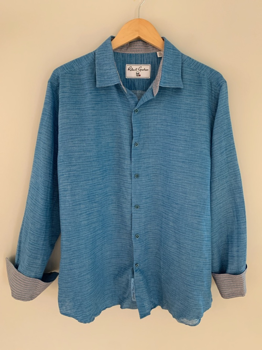 Robert Graham Brixton Linen Blend Flip Cuff Button Up Shirt Blue Size 2XL